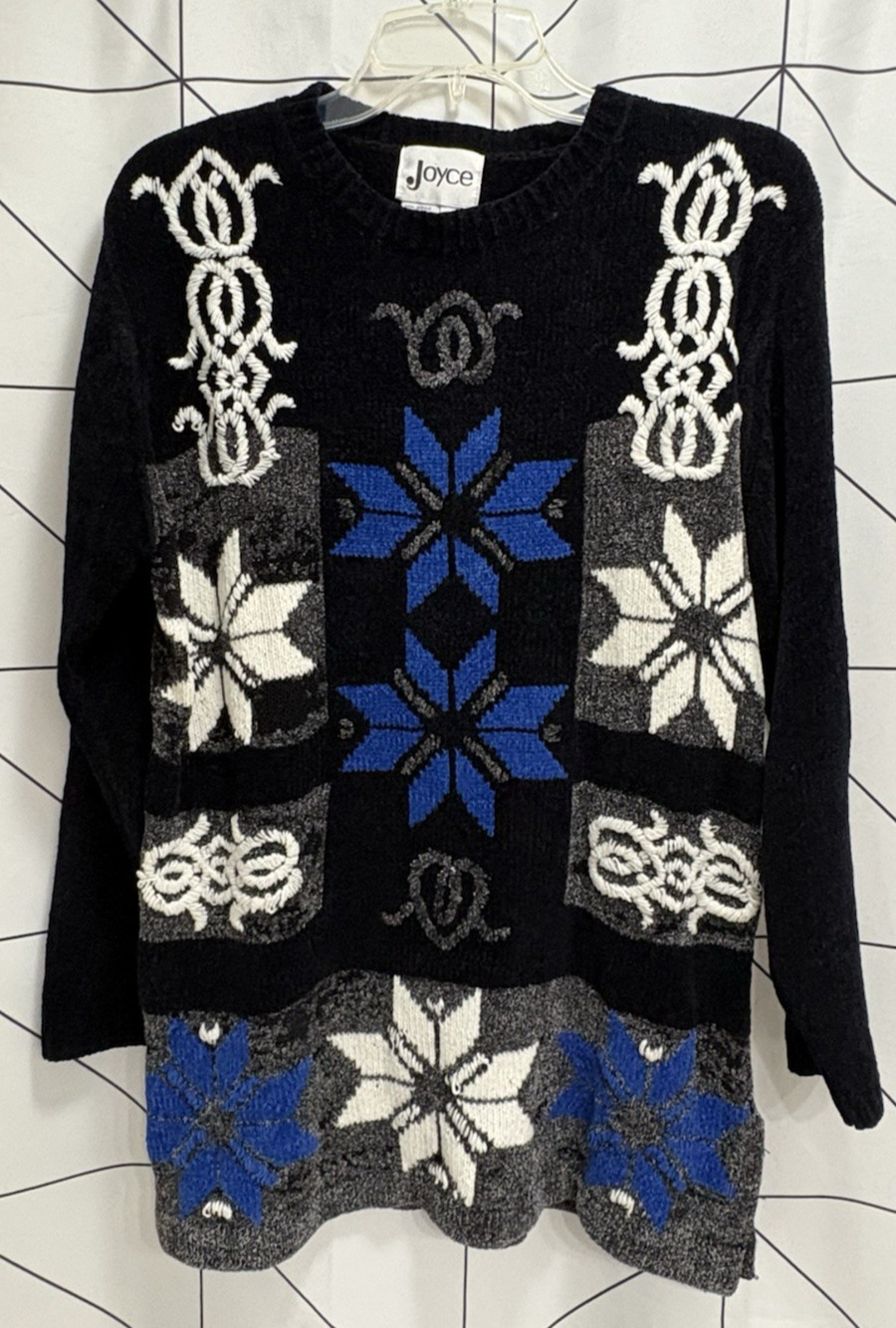 Joyce Abstract Vintage Acrylic Sweater Knit Size Med 80s Snowflakes Winter Tunic